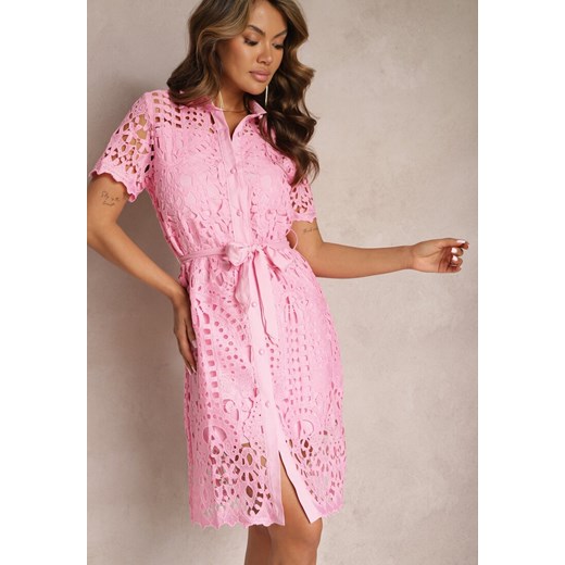 Różowa Koszulowa Sukienka Midi z Ażurowym Zdobieniem Tatrasi ze sklepu Renee odzież w kategorii Sukienki - zdjęcie 167522123