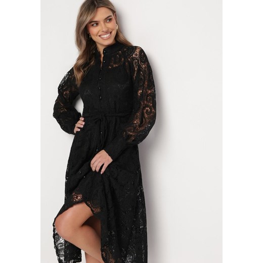 Czarna Koronkowa Sukienka Midi z Wiązanym Paskiem Azraella ze sklepu Born2be Odzież w kategorii Sukienki - zdjęcie 167526114