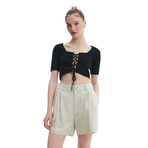 Cropp - Swetrowa bluzka z wiązaniem - czarny Cropp S wyprzedaż Cropp