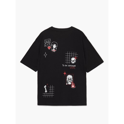 Cropp - Czarny T-shirt z nadrukami w stylu anime - czarny Cropp XL Cropp