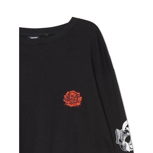 Cropp - Czarny t-shirt longsleeve z różami - czarny Cropp S Cropp
