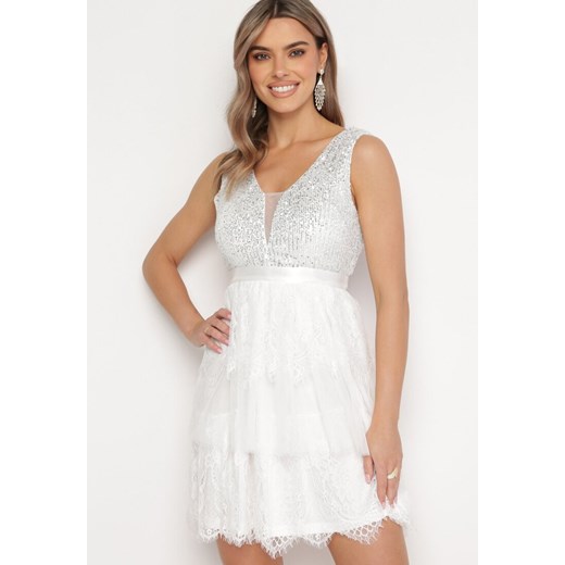 Biała Rozkloszowana Sukienka Mini z Tiulowym Dołem i Cekinami Uriella ze sklepu Born2be Odzież w kategorii Sukienki - zdjęcie 167561730