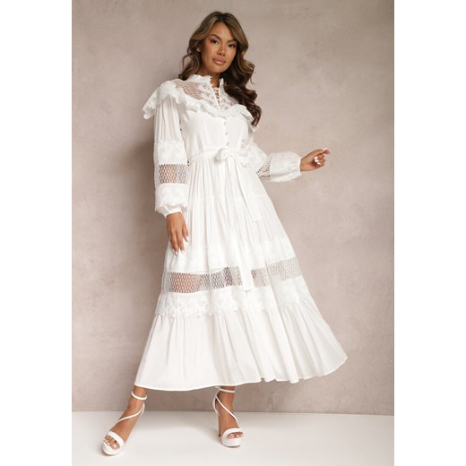 Biała Maxi Koronkowa Sukienka o Rozkloszowanym Kroju z Paskiem i Falbankami Lashana ze sklepu Renee odzież w kategorii Sukienki - zdjęcie 167643640