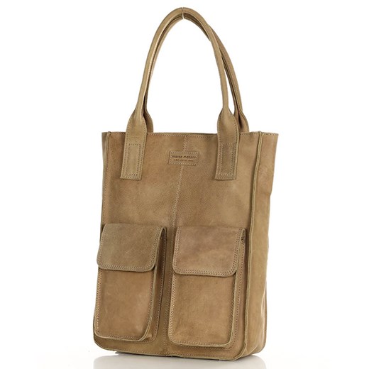 Torebka z kieszonkami skórzana dobrze zorganizowany shopper - MARCO MAZZINI beżowa ze sklepu Verostilo w kategorii Torby Shopper bag - zdjęcie 167685963
