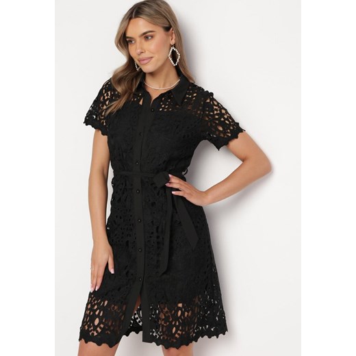 Czarna Ażurowa Sukienka Koszulowa Midi z Wiązanym Paskiem Pamy ze sklepu Born2be Odzież w kategorii Sukienki - zdjęcie 167756064