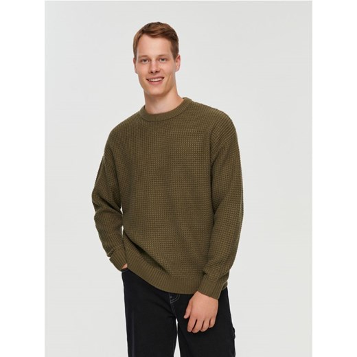 Luźny sweter z waflowym splotem khaki House S promocja House