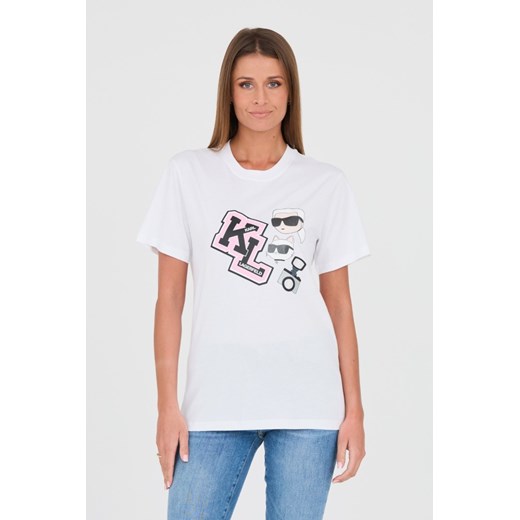 KARL LAGERFELD Biały t-shirt Ikonik Varsity Tee, Wybierz rozmiar L ze sklepu outfit.pl w kategorii Bluzki damskie - zdjęcie 167785724