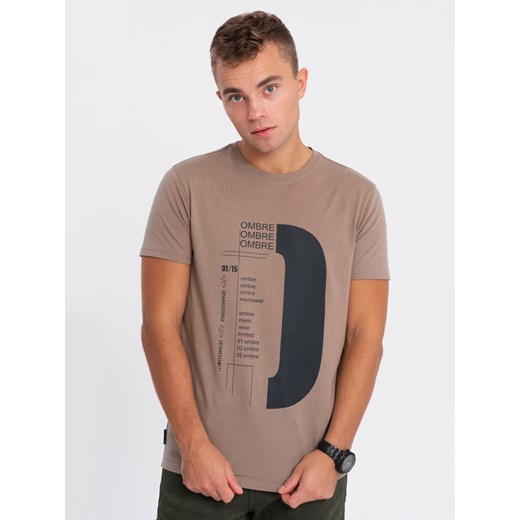 T-shirt męski bawełniany z nadrukiem - jasnobrązowy V2 OM-TSPT-0166 ze sklepu ombre w kategorii T-shirty męskie - zdjęcie 167788332