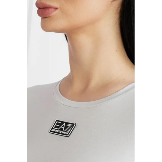 Bluzka damska beżowa Emporio Armani z napisami z krótkimi rękawami z okrągłym dekoltem