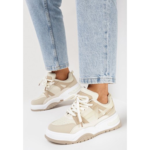 Beżowe Sneakersy z Szerokimi Sznurówkami Platinia ze sklepu born2be.pl w kategorii Buty sportowe damskie - zdjęcie 167842392