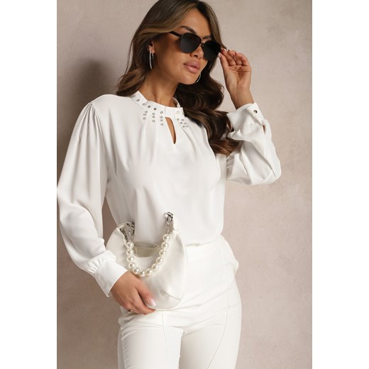 Biała Bluzka w Cyrkonie z Ozdobnym Wycięciem Klezorfa ze sklepu Renee odzież w kategorii Bluzki damskie - zdjęcie 167843954