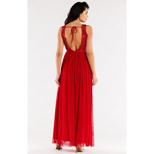 AWAMA sukienka maxi czerwona na ramiączkach elegancka w serek w cekiny 