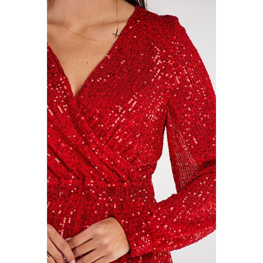 Sukienka AWAMA kopertowa czerwona w serek w groszki casual 