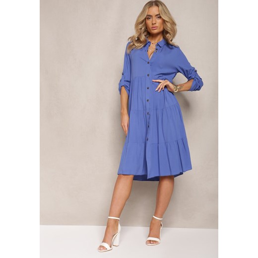 Niebieska Rozkloszowana Sukienka z Bawełny w Koszulowym Stylu Canidre ze sklepu Renee odzież w kategorii Sukienki - zdjęcie 167857433