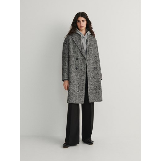 Reserved - Dwurzędowy płaszcz w jodełkę - czarny ze sklepu Reserved w kategorii Płaszcze damskie - zdjęcie 167884843