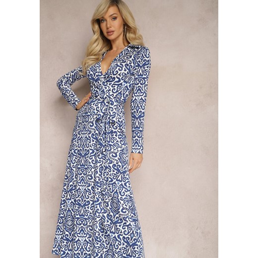 Niebiesko-Biała Taliowana Sukienka Maxi z Paskiem i Kopertowym Dekoltem Anetil ze sklepu Renee odzież w kategorii Sukienki - zdjęcie 167886600
