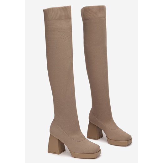 Ciemnobeżowe Kozaki na Słupku z Elastyczną Cholewką Eudione Renee 39 promocja renee.pl