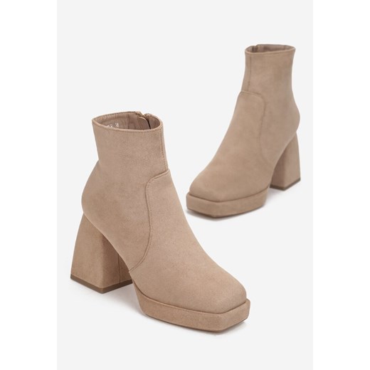 Ciemnobeżowe Botki na Geometrycznym Słupku i Platformie Honnas Renee 38 renee.pl okazja