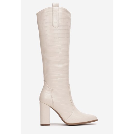 Beżowe Kozaki na Słupku w Krokodyli Wzór Rereya Renee 41 okazja renee.pl