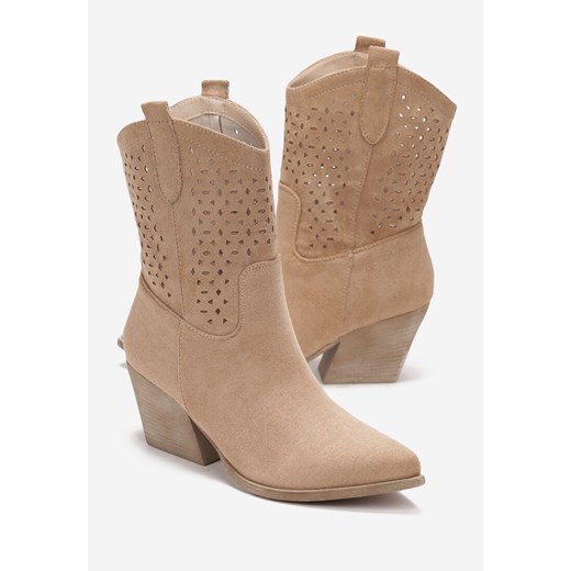Ciemnobeżowe Ażurowe Botki Kowbojki z Imitacji Zamszu Hensy Renee 40 renee.pl wyprzedaż