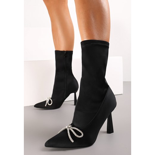 Czarne Botki Skarpetkowe Ozdobione Kokardką z Cyrkoniami na Geometrycznej Renee 40 wyprzedaż renee.pl