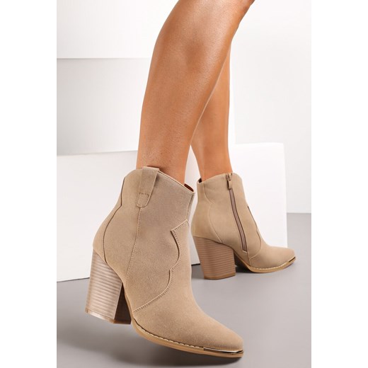Beżowe Botki na Stożkowym Obcasie w Stylu Kowbojek Ellite Renee 39 okazja renee.pl