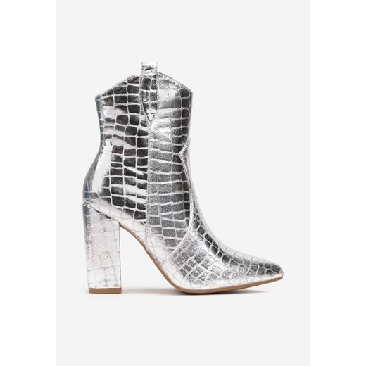 Srebrne Botki na Słupku ze Szpiczastym Noskiem i Tłoczeniem Imitującym Skórę Renee 39 promocja renee.pl