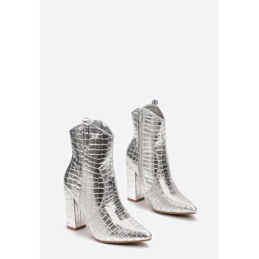 Srebrne Botki na Słupku ze Szpiczastym Noskiem i Tłoczeniem Imitującym Skórę Renee 40 okazja renee.pl