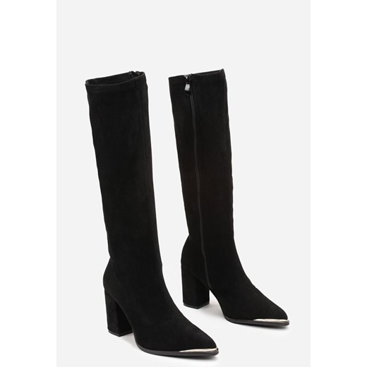 Czarne Kozaki na Obcasie z Metalicznym Szpiczastym Noskiem  Galexi Renee 41 promocja renee.pl