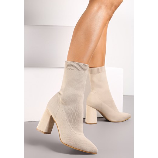 Beżowe Botki z Imitacji Skóry na Słupku z Cholewką w Skarpetkowym Stylu Tukarda Renee 39 promocyjna cena renee.pl