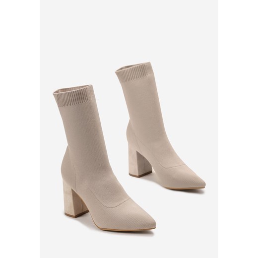 Beżowe Botki z Imitacji Skóry na Słupku z Cholewką w Skarpetkowym Stylu Tukarda Renee 38 wyprzedaż renee.pl