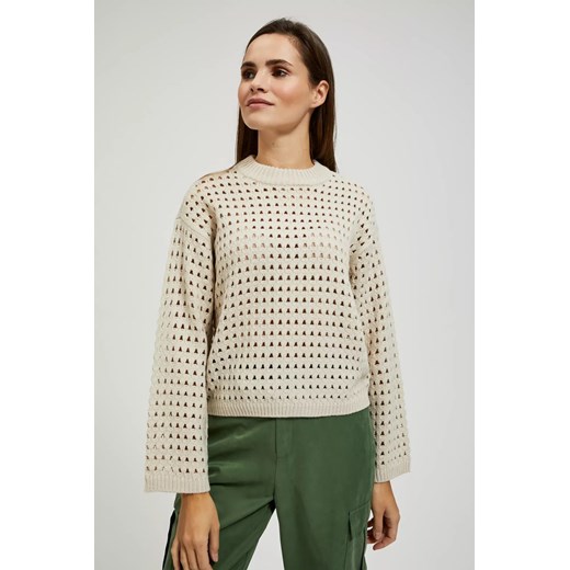 Ażurowy sweter z szerokimi rękawami i okrągłym dekoltem beżowy ze sklepu Moodo.pl w kategorii Swetry damskie - zdjęcie 168078064