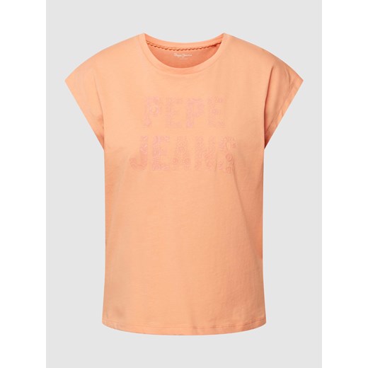 Pomarańczowy bluzka damska Pepe Jeans z napisami z krótkimi rękawami z okrągłym dekoltem 