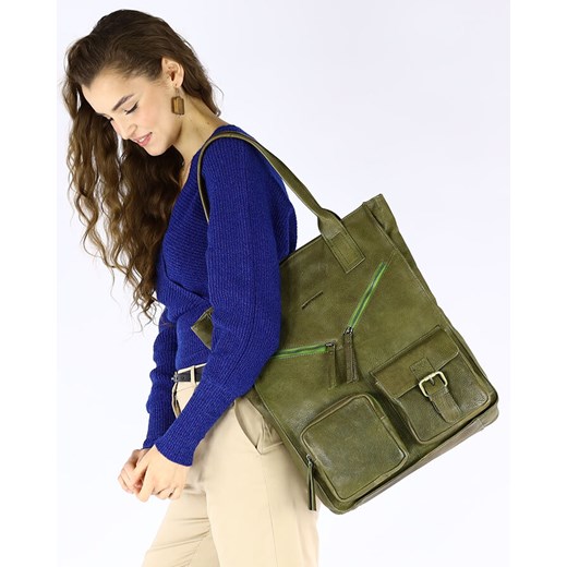 Torba shopper XXL z kieszeniami skóra naturalna - MARCO MAZZINI zielony ze sklepu Verostilo w kategorii Torby Shopper bag - zdjęcie 168118981