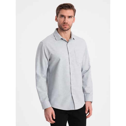 Koszula męska z kieszenią REGULAR FIT - jasnoszary melanż V2 OM-SHCS-0148 ze sklepu ombre w kategorii Koszule męskie - zdjęcie 168127310