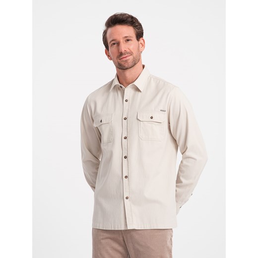 Koszula męska bawełniana REGULAR FIT z kieszeniami zapinanymi na guziki - oliwkowa V4 OM-SHCS-0146 ze sklepu ombre w kategorii Koszule męskie - zdjęcie 168130362