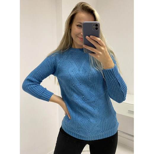 Sweter z ozdobnym splotem i perełkami Loppko - niebieski ze sklepu pakuten.pl w kategorii Swetry damskie - zdjęcie 168146273