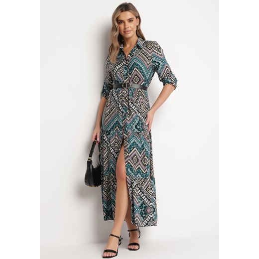 Zielono-Niebieska Bawełniana Sukienka Koszulowa Maxi w Stylu Boho Hlevana L wyprzedaż Born2be Odzież