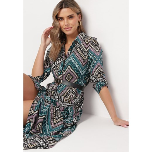 Zielono-Niebieska Bawełniana Sukienka Koszulowa Maxi w Stylu Boho Hlevana M Born2be Odzież wyprzedaż