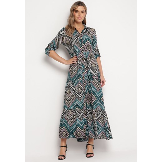 Zielono-Niebieska Bawełniana Sukienka Koszulowa Maxi w Stylu Boho Hlevana XL promocyjna cena Born2be Odzież