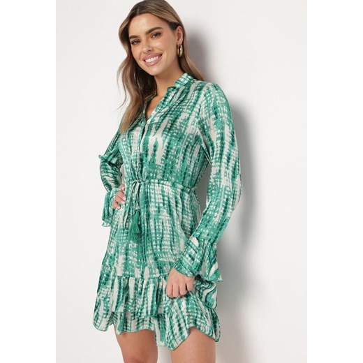 Zielona Sukienka Mini Ozdobiona Falbankami i Akwarelowym Wzorem Panava ze sklepu Born2be Odzież w kategorii Sukienki - zdjęcie 168209021