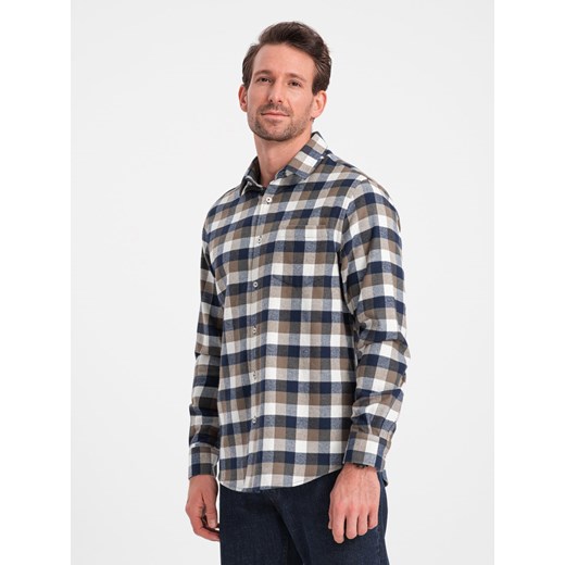 Klasyczna flanelowa męska koszula bawełniana w kratę - brązowo-granatowa V1 OM-SHCS-0157 ze sklepu ombre w kategorii Koszule męskie - zdjęcie 168212221