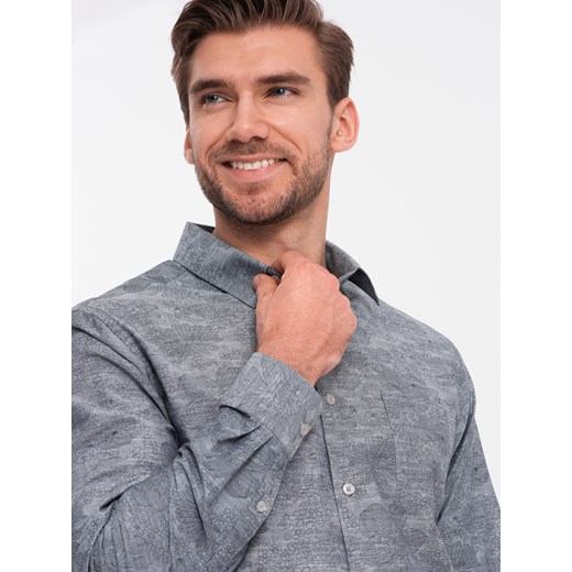 Klasyczna flanelowa męska koszula bawełniana w kwiaty - szara V3 OM-SHCS-0157 ze sklepu ombre w kategorii Koszule męskie - zdjęcie 168212232