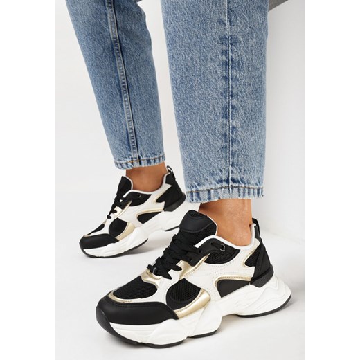 Biało-Czarne Sneakersy na Grubej Podeszwie z Siateczką i Metalicznymi Wstawkami Terlimi ze sklepu born2be.pl w kategorii Buty sportowe damskie - zdjęcie 168214463