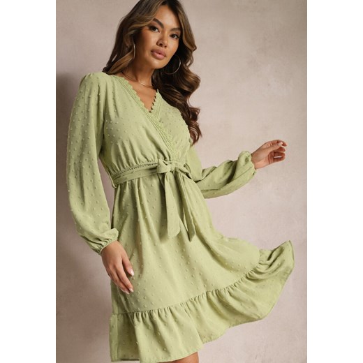 Zielona Mini Sukienka Rozkloszowana z Paskiem Materiałowym z Tkaniny Plumeti Digia ze sklepu Renee odzież w kategorii Sukienki - zdjęcie 168215380