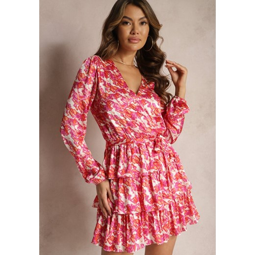 Różowa Kopertowa Sukienka Ozdobiona Falbankami i Abstrakcyjnym Wzorem Savonia ze sklepu Renee odzież w kategorii Sukienki - zdjęcie 168250150