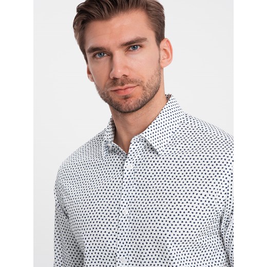 Męska koszula w drobny wzór SLIM FIT - biała V2 OM-SHCS-0140 ze sklepu ombre w kategorii Koszule męskie - zdjęcie 168253793