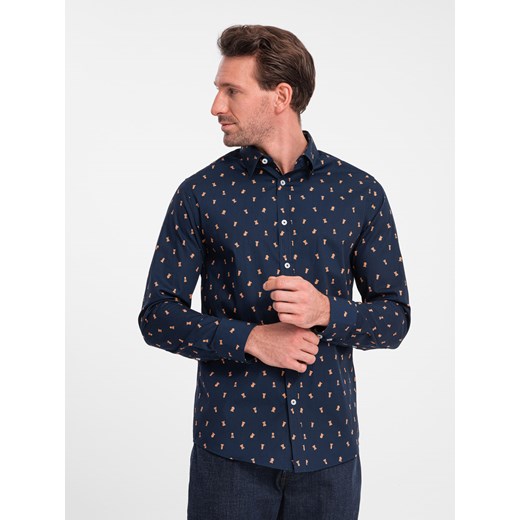 Bawełniana koszula męska we wzory SLIM FIT - atramentowa V3 OM-SHCS-0151 ze sklepu ombre w kategorii Koszule męskie - zdjęcie 168270451