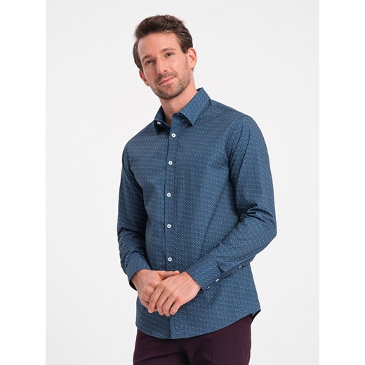 Bawełniana koszula męska we wzory SLIM FIT - niebieska V4 OM-SHCS-0151 ze sklepu ombre w kategorii Koszule męskie - zdjęcie 168270463