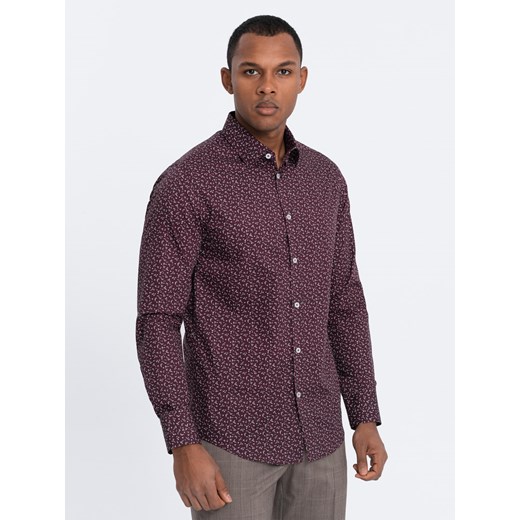 Koszula męska bawełniana we wzory SLIM FIT - bordowa V5 OM-SHCS-0151 ze sklepu ombre w kategorii Koszule męskie - zdjęcie 168270474